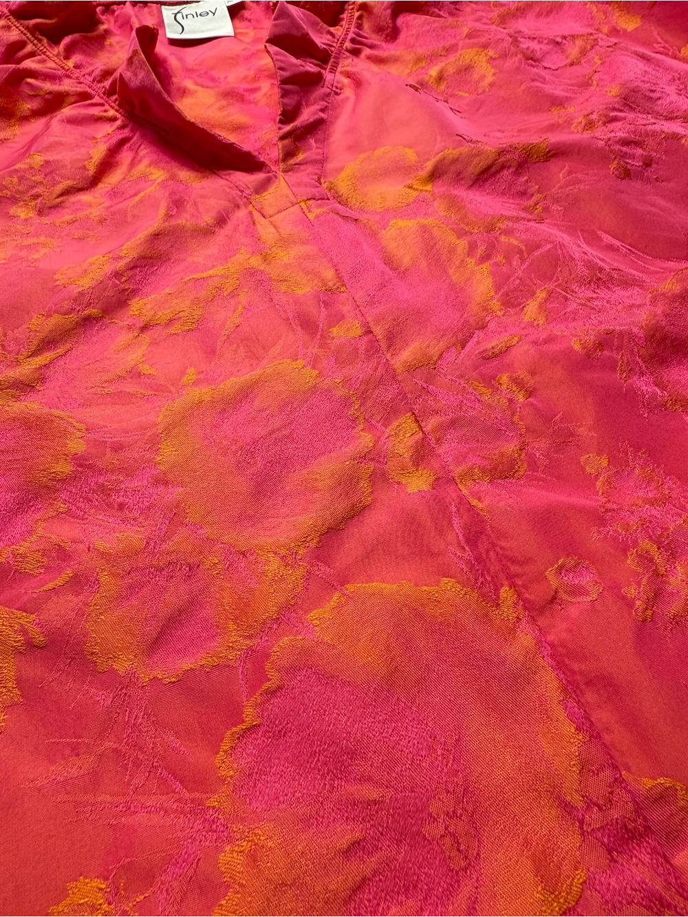 Finley Crosby Top Neon Rose Floral Jacquard Ruffle Neck Blouse Pink Orange L - Picture 7 of 11